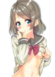 Rule 34 | 10s, 1girl, blue eyes, blush, bow, bowtie, breasts, clothes lift, female focus, grey hair, hand in own hair, hand on own shoulder, hand under clothes, kuro neko (38-21), lifting own clothes, long sleeves, looking at viewer, love live!, love live! sunshine!!, navel, red bow, red bowtie, school uniform, serafuku, shirt lift, short hair, simple background, smile, solo, stomach, underboob, upper body, uranohoshi school uniform, watanabe you, white background