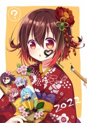 Rule 34 | 2022, ?, alternate costume, border, brown hair, crescent, crescent hair ornament, facepaint, floral print, flower, gradient hair, hagoita, hair between eyes, hair flower, hair ornament, happy new year, hatsuharu (kancolle), highres, holding, holding paddle, japanese clothes, kantai collection, kimono, kisaragi (kancolle), long sleeves, minazuki (kancolle), multicolored hair, mutsuki (kancolle), nagasioo, new year, obi, official alternate costume, open mouth, paddle, paintbrush, red hair, red kimono, sash, school uniform, serafuku, short hair, uzuki (kancolle), white border, wide sleeves, yayoi (kancolle), yellow background