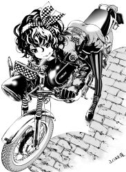 Rule 34 | 10s, 1girl, absurdres, amano onsa, ass, bakuon!!, bent over, black hair, boots, cross-laced footwear, curly hair, fukushima masayasu, full body, gloves, greyscale, hair between eyes, hair ornament, hairband, highres, jacket, lace-up boots, long sleeves, masayasuf, monochrome, motor vehicle, motorcycle, pantyhose, pavement, popped collar, product placement, riding, short hair, smile, solo, sticker, striped clothes, striped pantyhose, vertical-striped clothes, vertical-striped pantyhose, yamaha