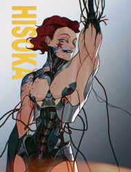 Rule 34 | 1boy, absurdres, android, arm up, blurry, broken arm, cable, character name, completely nude, damaged, depth of field, facepaint, facial mark, grey background, grin, hair slicked back, highres, hisoka morow, hunter x hunter, joints, kuhuo, male focus, mechanical parts, nude, paint on body, paint splatter, paint splatter on face, red hair, robot joints, science fiction, short hair, sideways glance, smile, solo, spine, star (symbol), upper body, yellow eyes