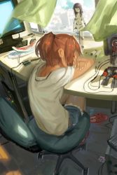Rule 34 | 10s, 1girl, 2015, android, artist name, black hair, blunt bangs, brown hair, building, cable, chair, city, closed eyes, computer, crossed arms, curtains, dated, desk, doll, doll joints, food, from behind, fruit, highres, hime cut, indoors, joints, kare huang, keyboard (computer), monitor, mouse (computer), nape, office chair, open window, original, plate, robot, science fiction, screwdriver, shirt, short ponytail, shorts, sidelocks, signature, sitting, sketch, sleeping, slippers, solo, sunlight, swivel chair, t-shirt, tan, watermelon, wind, window, wire