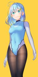 Rule 34 | 1girl, ahoge, blonde hair, blue hair, blue leotard, blush, breasts, brown pantyhose, closed mouth, clothes writing, commentary request, covered navel, facial mark, gloves, grande tights, green eyes, gurande (g-size), hair between eyes, hair ornament, hairclip, highres, indie virtual youtuber, leotard, multicolored hair, orange background, pantyhose, pink hair, simple background, small breasts, smile, solo, streaked hair, thighband pantyhose, virtual youtuber, white gloves