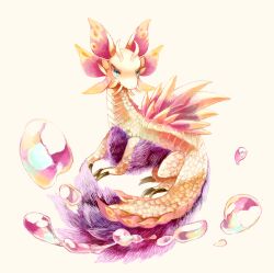 Rule 34 | animal focus, aqua eyes, bubble, closed mouth, commentary request, cream theme, dragon, eastern dragon, frills, highres, long tail, mizutsune, monster hunter, monster hunter (series), monster hunter x, no humans, purple fur, refraction, scales, sicure, simple background, solo, tail, white background, yellow scales