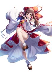 Rule 34 | 1girl, absurdres, bare shoulders, bow, breasts, brown hair, frilled skirt, frills, full body, gohei, hakurei reimu, highres, japanese clothes, long hair, medium breasts, miko, panties, red shirt, red skirt, ribbon-trimmed sleeves, ribbon trim, shirt, shoes, skirt, smile, socks, solo, touhou, underwear, white background, white panties, wide sleeves, yellow eyes, yujin (kanouyuuto-0423)