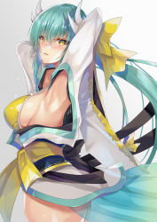 Rule 34 | 1girl, aqua hair, armpits, arms behind head, arms up, ass, bikini, blush, bow, breasts, dragon girl, dragon horns, fate/grand order, fate (series), hair bow, horns, inoue takuya (tactactak), japanese clothes, kimono, kiyohime (fate), kiyohime (fate/grand order), kiyohime (swimsuit lancer) (fate), kiyohime (swimsuit lancer) (first ascension) (fate), large breasts, long hair, long sleeves, looking at viewer, multiple horns, obi, open mouth, photoshop (medium), ponytail, sash, swimsuit, very long hair, wide sleeves, yellow bikini, yellow bow, yellow eyes