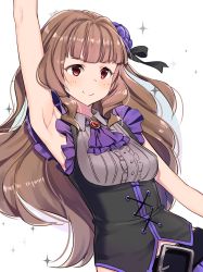 Rule 34 | 1girl, arm up, armpits, ascot, bad id, bad pixiv id, belt, belt buckle, black belt, black shirt, blush, brown hair, buckle, closed mouth, commentary request, cross-laced clothes, dutch angle, goyain, highres, idolmaster, idolmaster cinderella girls, idolmaster cinderella girls starlight stage, kamiya nao, long hair, purple ascot, red eyes, shirt, sleeveless, sleeveless shirt, smile, solo, sparkle, thick eyebrows, very long hair, white background