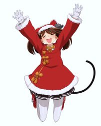 Rule 34 | 1girl, bell, brown hair, commentary request, closed eyes, fake tail, gloves, highres, japanese clothes, jingle bell, kantai collection, kariginu, namakura neo, open mouth, pantyhose, ryuujou (kancolle), santa costume, solo, tail, twintails, visor cap, white background, white gloves, white pantyhose