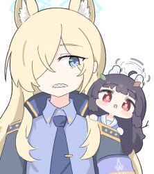 Rule 34 | 2girls, ahoge, animal ear fluff, animal ears, black hair, blue archive, blue eyes, blue halo, blue necktie, blue shirt, blush stickers, chibi, commentary, grey halo, hair over one eye, halo, kanna (blue archive), long hair, looking at viewer, mini person, minigirl, miyu (blue archive), multiple girls, necktie, no nose, person on shoulder, pink pupils, rabbit ears, red eyes, sailor collar, sharp teeth, shirt, teeth, twig, umihio, upper body, very long hair, white sailor collar