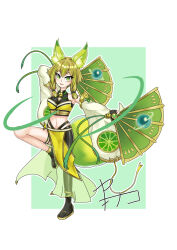 1girl animal_ears asymmetrical_legwear bell blonde_hair braid breasts detached_sleeves duel_monster food fox_ears fox_girl fox_tail fruit gem green_background green_ribbon hair_ornament hand_fan highres holding holding_fan hu-li_the_jewel_mikanko jakinaco japanese_clothes long_sleeves looking_at_viewer mandarin_orange medium_breasts midriff navel neck_bell open_mouth pelvic_curtain ribbon short_hair simple_background smile solo tail twin_braids yu-gi-oh!