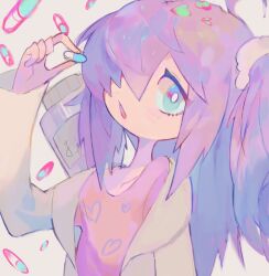 Rule 34 | 1girl, ahoge, arm up, coat, collarbone, hair ornament, hair over one eye, hair scrunchie, heart, heart print, highres, holding pill, iridescent, long hair, long sleeves, looking at viewer, nedoco, okusuri nonde neyou (vocaloid), one side up, open clothes, open coat, open mouth, pill, pill bottle, pink hair, pink shirt, purple hair, scrunchie, shirt, sideways glance, solo, tareme, upper body, vocaloid, white coat