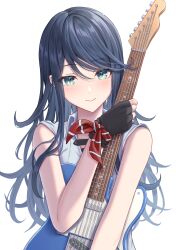 Rule 34 | 1girl, absurdres, bare shoulders, black gloves, black hair, blue eyes, blush, closed mouth, collared shirt, electric guitar, frilled gloves, frills, gloves, grey eyes, guitar, highres, holding, holding guitar, holding instrument, hoshino ichika (project sekai), instrument, long hair, looking at viewer, messy hair, project sekai, ribbon, shirt, simoumi 217, simple background, smile, solo, swept bangs, upper body, white background, wrist ribbon