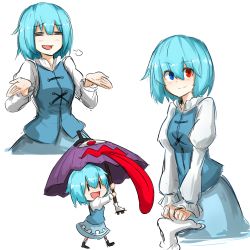 Rule 34 | &gt;:), 1girl, :d, puff of air, = =, bad id, bad nicoseiga id, blue eyes, blue hair, blue skirt, blue vest, blush, expressions, heterochromia, holding, holding umbrella, juliet sleeves, kankan33333, karakasa obake, long sleeves, looking at viewer, multiple views, open mouth, puffy sleeves, red eyes, short hair, skirt, smile, tatara kogasa, tongue, tongue out, touhou, umbrella, v-shaped eyebrows, vest, white background, | |