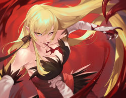 Rule 34 | 1girl, bakemonogatari, bare shoulders, blonde hair, blood, blood from mouth, breasts, cleavage, dress, elbow gloves, female focus, gloves, hair between eyes, highres, kiss-shot acerola-orion heart-under-blade, kizumonogatari, large breasts, long hair, matching hair/eyes, monogatari (series), oshino shinobu, pointy ears, red background, red dress, sb lama, smile, solo, strapless, strapless dress, vampire, very long hair, white gloves, yellow eyes