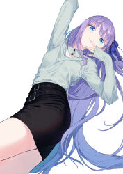 Rule 34 | 1girl, arm up, belt, black skirt, blue eyes, blue ribbon, breasts, coffeekite, detached collar, fate/extra, fate/extra ccc, fate/grand order, fate (series), hair ribbon, highres, long hair, long sleeves, looking at viewer, meltryllis (fate), pencil skirt, purple hair, ribbon, shirt, skirt, small breasts, solo, thighs, tongue, tongue out, very long hair, white shirt