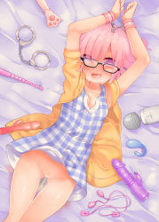 Rule 34 | 1girl, :d, anal beads, arms up, bar censor, black-framed eyewear, blush, bottomless, breasts, censored, collarbone, cowboy shot, cuffs, dildo, dress, dutch angle, egg vibrator, eyes visible through hair, fate/grand order, fate (series), female focus, glasses, gluteal fold, handcuffs, heart, heart-shaped pupils, highres, hitachi magic wand, jacket, kaede haya (lo0831lo), looking at viewer, lying, mash kyrielight, no panties, on back, open clothes, open jacket, open mouth, peeing, purple eyes, pussy, remote control vibrator, sex toy, sleeveless, sleeveless dress, small breasts, smile, solo, symbol-shaped pupils, too many, too many sex toys, vibrator