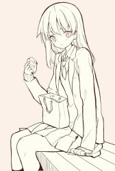 Rule 34 | 1girl, :t, arm support, bag, blazer, blush, brown background, character request, closed mouth, collared shirt, eating, food, food on face, hair between eyes, highres, holding, holding food, itsumi (itumiyuo), jacket, long hair, long sleeves, miyanaga teru, monochrome, necktie, on bench, open clothes, open jacket, paper bag, pleated skirt, red eyes, saki (manga), school uniform, shirt, simple background, sitting, skirt, sleeves past wrists, socks, solo, sweater vest, very long hair