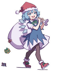 Rule 34 | 1girl, absurdres, black pantyhose, blue dress, blue eyes, blue hair, blush stickers, box, cirno, collared shirt, detached wings, dress, fairy, full body, gift, gift box, hat, highres, holding, holding sack, ice, ice wings, kame (kamepan44231), one-hour drawing challenge, open mouth, pantyhose, pom pom (clothes), puffy short sleeves, puffy sleeves, red footwear, red hat, round teeth, sack, santa hat, shirt, short hair, short sleeves, simple background, smile, solo, teeth, touhou, upper teeth only, white background, white shirt, wings