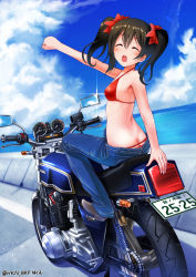 Rule 34 | 1girl, ^ ^, artist name, bikini, bikini under clothes, black hair, butt crack, closed eyes, day, denim, full body, glint, highres, hkn (ringya), jeans, love live!, love live! school idol project, motor vehicle, motorcycle, outdoors, pants, raised fist, red bikini, riding, solo, swimsuit, swimsuit under clothes, twintails, twitter username, yazawa nico