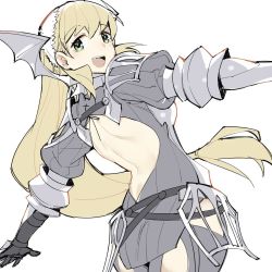 Rule 34 | 1girl, armor, back, bare back, blonde hair, blush, braid, cherche (fire emblem), cherche (fire emblem) (cosplay), cosplay, fire emblem, fire emblem awakening, fire emblem heroes, ge-b, gloves, green eyes, long hair, looking at viewer, nintendo, open mouth, sharena (fire emblem), simple background, smile, solo, white background