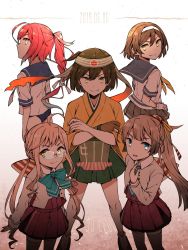 Rule 34 | 5girls, ahoge, bad id, bad twitter id, blue eyes, blue neckwear, bow, bowtie, braid, breasts, brown hair, crossed arms, dated, flight deck, french braid, glasses, gloves, hachimaki, hair ribbon, hairband, hakama, hakama short skirt, hakama skirt, hand on own chest, hands on own hips, headband, highres, hiryuu (kancolle), i-168 (kancolle), japanese clothes, kantai collection, kazagumo (kancolle), long hair, long sleeves, makigumo (kancolle), miroku san-ju, multiple girls, necktie, one-piece swimsuit, partially fingerless gloves, partly fingerless gloves, pink hair, ponytail, remodel (kantai collection), ribbon, sailor collar, school swimsuit, school uniform, serafuku, short hair, short sleeves, single glove, skirt, smile, swimsuit, swimsuit under clothes, tanikaze (kancolle), thighhighs, twintails, white gloves, white hairband, wide sleeves, yellow eyes, yellow neckwear, yugake