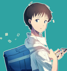 Rule 34 | 1boy, absurdres, bad id, bad pixiv id, bag, black hair, blouse, blue background, blue eyes, cellphone, collared shirt, commentary request, earbuds, earphones, hajikkoneko, highres, holding, holding phone, ikari shinji, looking at viewer, looking to the side, male focus, neon genesis evangelion, notice lines, parted lips, phone, school bag, school uniform, shirt, short hair, short sleeves, shoulder bag, simple background, smartphone, solo, tokyo-3 middle school uniform, upper body, very short hair, white shirt