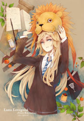 Rule 34 | 1girl, animal hat, animification, arms up, blonde hair, blue eyes, blue necktie, book, branch, cake, candle, character name, cup, dated, dk.j, english text, facing viewer, fangs, food, fruit, glass, half-closed eyes, hands up, harry potter (series), hat, hogwarts school uniform, leaf, lion, lion hood, long hair, long sleeves, looking at viewer, luna lovegood, mane, necktie, orange (fruit), paper, parchment, parted lips, pudding, school uniform, scroll, shirt, skyness, smile, solo, upper body, wand, white shirt, witch, wizarding world