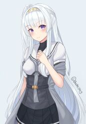Rule 34 | 1girl, black skirt, blue archive, breasts, clothes writing, color connection, commentary, cosplay, english commentary, fuyutsuki (kancolle), fuyutsuki (kancolle) (cosplay), grey background, grey hair, grey neckerchief, grey shawl, hachimaki, hair color connection, headband, highres, kantai collection, long hair, look-alike, medium breasts, miniskirt, neckerchief, noa (blue archive), one side up, pleated skirt, purple eyes, sailor collar, school uniform, serafuku, shawl, shidas0459, short sleeves, sidelocks, simple background, skirt, smile, solo, very long hair, white headband, white neckerchief, white sailor collar