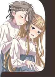 Rule 34 | 2girls, ange (princess principal), black ribbon, blonde hair, blue eyes, blush, closed mouth, closed eyes, facing another, grey hair, hair ribbon, hands on another&#039;s shoulders, highres, long hair, long sleeves, multiple girls, parted lips, princess (princess principal), princess principal, ribbon, short hair, smile, ynote, yuri