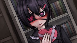 Rule 34 | 1girl, black eyes, black hair, black shirt, blush, bookshelf, commentary request, dutch angle, eyepatch, frilled shirt, frilled shirt collar, frills, fukasugi aiko, gift, hair ornament, hairclip, heart, heart-shaped pupils, long sleeves, looking at viewer, original, pov, ray-k, shirt, short hair, smile, solo, symbol-shaped pupils, valentine, yandere