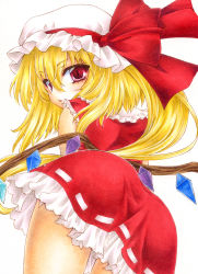 Rule 34 | 1girl, aoi yuuka (ao no kokoro), ass, blonde hair, blush, crystal, dress, flandre scarlet, frills, from behind, hat, hat ribbon, looking at viewer, looking back, marker (medium), mob cap, ponytail, red dress, red eyes, red skirt, ribbon, short hair, short hair with long locks, side ponytail, simple background, skirt, solo, touhou, traditional media, watercolor pencil (medium), white background, wings