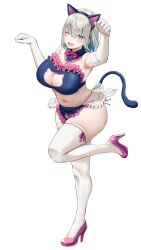 Rule 34 | 1girl, ;d, animal ears, bare shoulders, blue hair, blush, breasts, cat ears, cat lingerie, elbow gloves, fake animal ears, full body, gloves, grey hair, high heels, highres, large breasts, leg up, looking at viewer, meme attire, multicolored hair, navel, non-web source, oekakizuki, one eye closed, open mouth, original, purple footwear, short hair, simple background, smile, solo, standing, standing on one leg, streaked hair, thighhighs, thighs, white background, white gloves, white thighhighs