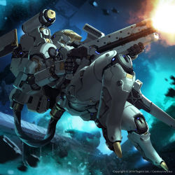 commentary copyright_name cosmos_invictus english_commentary firing floating gun highres holding holding_gun holding_weapon jessada_sutthi looking_ahead mecha official_art robot science_fiction shoulder_cannon solo space watermark weapon