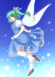 Rule 34 | 1girl, blue dress, blue hair, clothes lift, daiyousei, dress, dress lift, fairy, fairy wings, gradient background, green eyes, green hair, hair ribbon, isaki (gomi), looking at viewer, matching hair/eyes, open mouth, pointy ears, puffy short sleeves, puffy sleeves, ribbon, shirt, short sleeves, side ponytail, smile, solo, touhou, wings