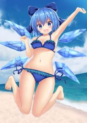 Rule 34 | 1girl, absurdres, arm up, armpits, bare arms, bare legs, barefoot, bikini, blue bikini, blue bow, blue eyes, blue hair, blue sky, bow, cirno, cloud, cloudy sky, day, frilled bikini, frills, full body, hair bow, highres, ice, ice wings, looking at viewer, navel, outdoors, short hair, side-tie bikini bottom, sky, smile, solo, stomach, suigetsu (watermoon-910), summer, swimsuit, touhou, wings