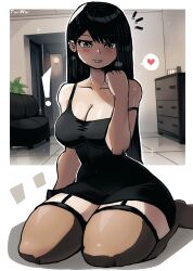 Rule 34 | !, 1girl, absurdres, black dress, black hair, black lips, blush, breasts, cleavage, collarbone, couch, dress, garter straps, grey eyes, grin, heart, highres, large breasts, long hair, looking at viewer, original, plant, sitting, sleeveless, sleeveless dress, smile, sparkle, speech bubble, spoken heart, strap slip, teeth, thick thighs, thighhighs, thighs, tony welt
