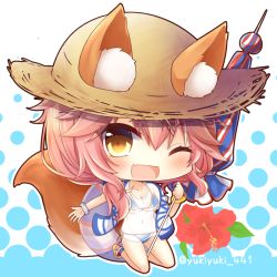 Rule 34 | 1girl, ;d, animal ear fluff, animal ears, bangle, bikini, blue bikini, blush, bracelet, breasts, brown eyes, chibi, cleavage, collarbone, commentary request, ears through headwear, fang, fate/grand order, fate (series), flower, fox ears, fox girl, fox tail, halftone, halftone background, hat, holding, holding umbrella, jewelry, long hair, medium breasts, one eye closed, open mouth, parasol, pink hair, red flower, scrunchie, see-through, short sleeves, smile, solo, straw hat, swimsuit, tail, tail raised, tamamo (fate), tamamo no mae (fate/extra), tamamo no mae (swimsuit lancer) (fate), tamamo no mae (swimsuit lancer) (second ascension) (fate), twitter username, umbrella, white scrunchie, wrist scrunchie, yukiyuki 441