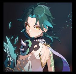 Rule 34 | 1boy, aqua hair, arm tattoo, bead necklace, beads, black border, border, closed mouth, commentary, facial mark, forehead mark, genshin impact, gloves, green hair, head tilt, highres, holding, holding mask, honlo, jewelry, looking at viewer, male focus, mask, multicolored hair, necklace, orange eyes, simple background, solo, symbol-only commentary, tattoo, upper body, xiao (genshin impact)
