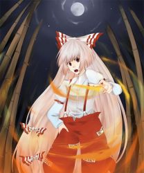 Rule 34 | 1girl, annoyed, aoi mitsuru, bamboo, bamboo forest, bow, cloud, female focus, fire, forest, fujiwara no mokou, full moon, hair bow, hair ribbon, hand in pocket, long hair, moon, multiple hair bows, nature, night, night sky, non-web source, open mouth, pants, red eyes, ribbon, shirt, silver hair, sky, solo, suspenders, touhou, very long hair, white shirt