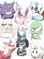 Rule 34 | +++, :&gt;, absurdres, bad id, bad twitter id, closed eyes, closed mouth, commentary, creatures (company), eyelashes, fang, froslass, furry, galarian corsola, galarian form, game freak, gardevoir, gen 1 pokemon, gen 3 pokemon, gen 4 pokemon, gen 6 pokemon, gen 7 pokemon, gen 8 pokemon, gengar, grin, hand up, highres, latias, laughing, legendary pokemon, lucario, nintendo, open mouth, own hands together, pheromosa, pokemon, pokemon (creature), shabana may, smile, spikes, steepled fingers, sylveon, teeth, tongue, ultra beast, white background, yellow fur