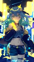 Rule 34 | + +, 1girl, absurdres, bare shoulders, blue eyes, blue hair, blue jacket, blue ribbon, blue shorts, cowboy shot, crop top, facial tattoo, grin, hair ornament, hair ribbon, hand on own chest, highres, hololive, hoshimachi suisei, jacket, long hair, long sleeves, looking at viewer, midriff, navel, off shoulder, one side up, open clothes, open jacket, ribbon, shirt, shishamope, short shorts, shorts, sleeveless, sleeveless shirt, smile, solo, standing, star (symbol), star hair ornament, tattoo, thigh strap, virtual youtuber