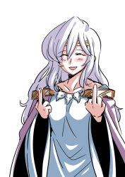 Rule 34 | 1girl, blush, breasts, closed eyes, collarbone, deirdre (fire emblem), dress, fire emblem, fire emblem: genealogy of the holy war, headband, long hair, middle finger, nintendo, open mouth, out of character, simple background, smile, solo, teeth, tongue, tukiwani, white background, white hair