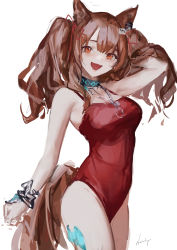 Rule 34 | 1girl, :d, angelina (arknights), angelina (summer flower) (arknights), animal ears, arknights, arm up, bare shoulders, bracelet, breasts, brown hair, casual one-piece swimsuit, collar, covered navel, cowboy shot, fox ears, fox girl, fox tail, hand in own hair, highres, infection monitor (arknights), jewelry, long hair, looking at viewer, material growth, medium breasts, nashidrop, necklace, official alternate costume, one-piece swimsuit, open mouth, orange eyes, oripathy lesion (arknights), red one-piece swimsuit, signature, simple background, smile, solo, swimsuit, tail, twintails, white background