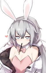 Rule 34 | 1girl, animal ears, bare shoulders, blue eyes, bow, bowtie, breasts, cleavage, collarbone, counter:side, fake animal ears, flat chest, food in mouth, grey hair, han sorim, heart, highres, leotard, long hair, md5 mismatch, official alternate costume, playboy bunny, pocky, pocky in mouth, resolution mismatch, solo, source smaller, twintails, zanlyu