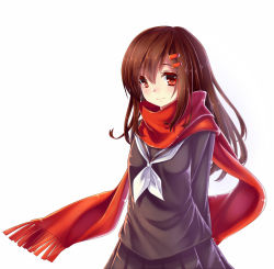 Rule 34 | 1girl, akabane, brown hair, enpera, floating scarf, hair ornament, hairclip, kagerou project, long hair, long scarf, looking at viewer, pleated skirt, red eyes, scarf, school uniform, serafuku, simple background, skirt, smile, solo, tateyama ayano, vocaloid, white background