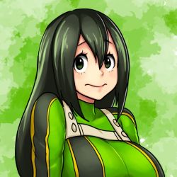 Rule 34 | 1girl, asui tsuyu, bodysuit, boku no hero academia, breasts, erkaz, green background, green eyes, green hair, large breasts, long hair, looking at viewer, simple background, solo, upper body