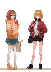 Rule 34 | 2girls, absurdres, bag, black footwear, black shorts, blonde hair, blue eyes, blue skirt, bob cut, brown hair, closed mouth, commentary request, drawstring, drink, drinking straw, drinking straw in mouth, full body, gina (yoon cook), hand in pocket, highres, holding, holding drink, hood, hood down, hoodie, jacket, korean commentary, long sleeves, looking at viewer, medium hair, multiple girls, open clothes, open jacket, orange footwear, orange hoodie, original, red jacket, shirt, shoes, short hair, short shorts, shorts, shoulder bag, simple background, skirt, smile, sneakers, socks, thighhighs, v-shaped eyebrows, white background, white legwear, white shirt, yoon cook
