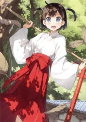 Rule 34 | 1girl, :d, absurdres, ahoge, bamboo staff, holding behind back, blue eyes, blush, bow, brown feathers, building, collarbone, cowboy shot, day, dutch angle, falling leaves, feathers, hakama, hakama skirt, head tilt, highres, hip vent, holding, holding staff, japanese clothes, kantoku, kimono, leaf, long sleeves, looking at viewer, miko, open mouth, outdoors, plant, red bow, red hakama, scan, shrine, skirt, smile, solo, staff, standing, tareme, tree, two side up, wide sleeves