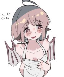 Rule 34 | 1girl, ahoge, animal ears, apron, apron pull, bird ears, bird wings, blush, breasts, clothes pull, collarbone, commentary request, embarrassed, flying sweatdrops, frogsnake, from above, mystia lorelei, naked apron, open mouth, parted lips, pink hair, red eyes, short hair, simple background, small breasts, solo, touhou, white background, white wings, wings