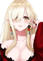 Rule 34 | 1girl, bare shoulders, blonde hair, blush, breasts, cleavage, earrings, eiam1122, fangs, fingernails, graphite (medium), japanese clothes, jewelry, kimono, kiss-shot acerola-orion heart-under-blade, large breasts, long fingernails, long hair, looking at viewer, millipen (medium), monogatari (series), nail polish, oshino shinobu, parted lips, pointy ears, simple background, solo, traditional media, upper body, very long hair, white background, yellow eyes