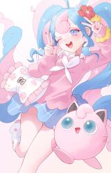 Rule 34 | 1girl, absurdres, blue hair, blue skirt, bull sprite (pokemon), cardigan, choker, clefairy sprite (pokemon), commentary, creatures (company), curly hair, dora (garyeong), double v, earrings, eyelashes, fairy miku (project voltage), feet up, fingernails, flower, fossil sprite (pokemon), game freak, gen 1 pokemon, glint, hair flower, hair ornament, hatsune miku, heart, heart choker, highres, jewelry, jigglypuff, leg warmers, light blue hair, long fingernails, long hair, long sleeves, looking ahead, multicolored hair, nail polish, neckerchief, nintendo, one eye closed, open mouth, pink bag, pink cardigan, pink choker, pink eyes, pink footwear, pink hair, pink nails, plaid, plaid skirt, poke ball print, pokemon, project voltage, simple background, skirt, sleeves past wrists, smile, socks, standing, standing on one leg, teeth, thighs, twintails, two-tone hair, upper teeth only, v, very long hair, vocaloid, white bag, white neckerchief, white socks